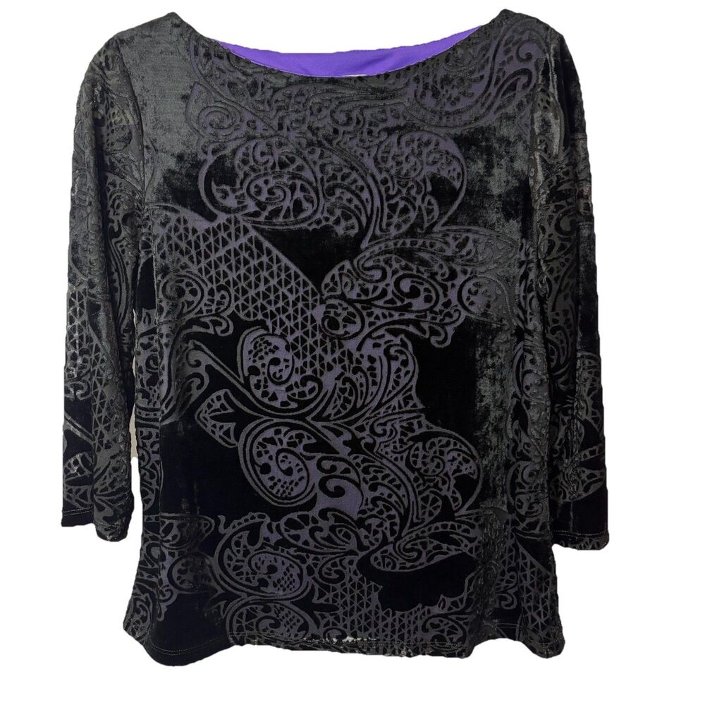 Vtg AGB Womens Large Burnout Velvet Blouse Top Black Witchy Whimsigoth‎ Goth Y2K